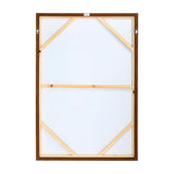 Rear view of Libra Interiors Textured Geometric Framed Canvas Wall Art showing pine wood stretcher bars, walnut-toned frame, and two metal hanging hooks.