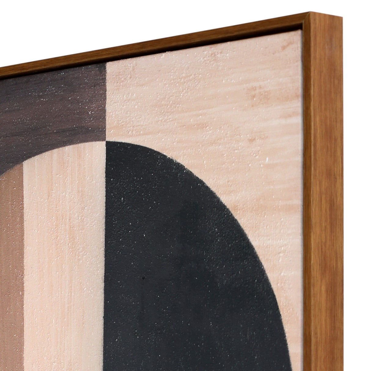 Close-up of Libra Interiors Textured Geometric Framed Canvas Wall Art showing pine frame corner, cream, walnut and black rounded shapes on textured canvas.