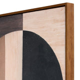 Close-up of Libra Interiors Textured Geometric Framed Canvas Wall Art showing pine frame corner, cream, walnut and black rounded shapes on textured canvas.