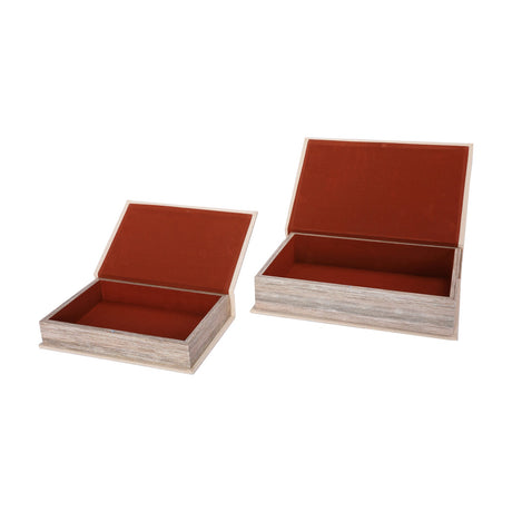 Libra Interiors Linen Book-Style Storage Boxes in beige, set of two open book-shaped boxes with woven linen covers and terracotta velvet-lined interiors.