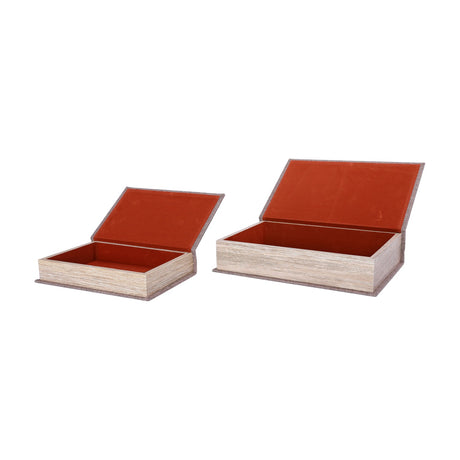 Libra Interiors Linen Weave book-style storage boxes in grey, shown open in two sizes with rust velvet linings and page-effect edges on a white background.