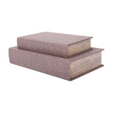 Libra Interiors Linen Weave book-style storage boxes in greige textured linen, stacked small on large with page-effect edges, on a white background.
