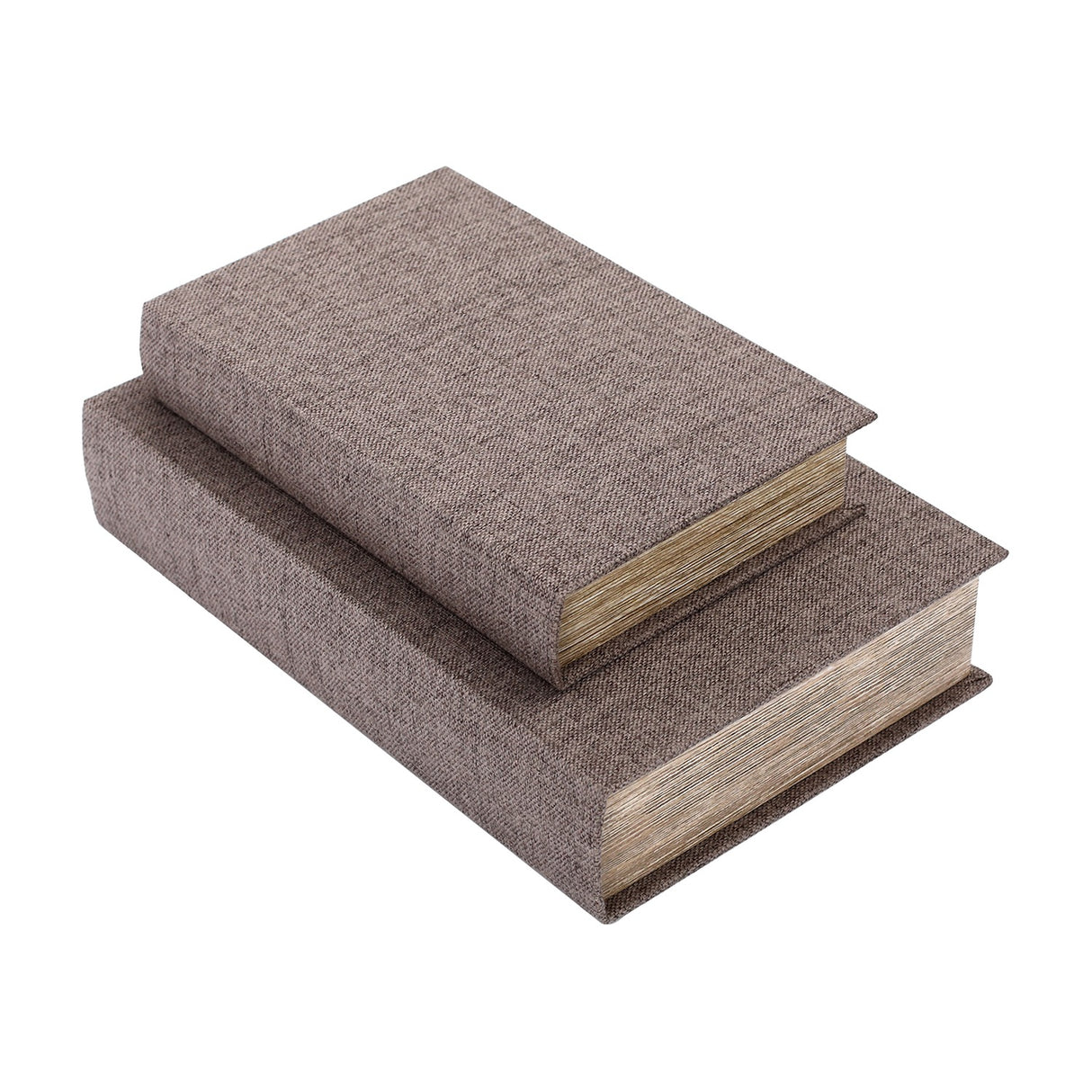Libra Interiors Linen Weave book-style storage boxes in greige with textured weave finish and trimmed page-effect edges, stacked on a white background.