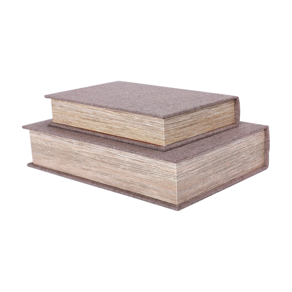 Libra Interiors Linen Weave book-style storage boxes in grey, stacked with the smaller box on the larger, showing textured spines and page-effect edges.