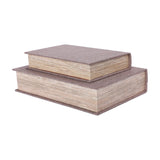 Libra Interiors Linen Weave book-style storage boxes in grey, stacked with the smaller box on the larger, showing textured spines and page-effect edges.