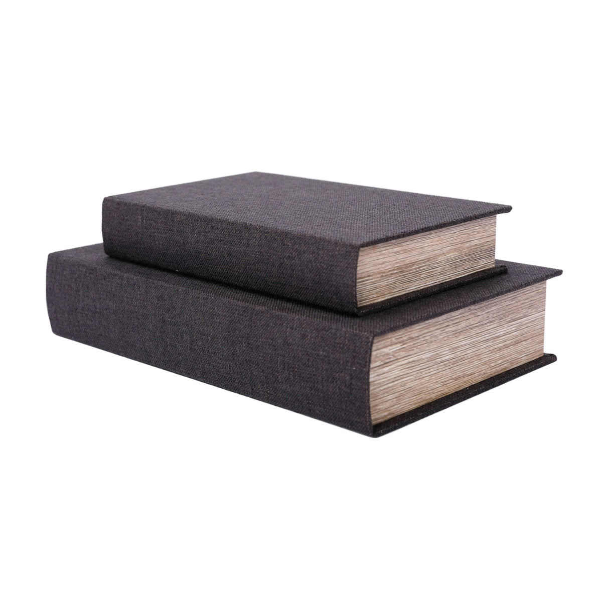 Libra Interiors Book-Style Linen Storage Boxes in black, stacked pair with woven linen covers and page-edge sides, shown on a plain white background.