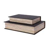 Libra Interiors Book-Style Linen Storage Boxes in black, stacked pair with woven linen covers and pale wood-effect page edges on a white background.