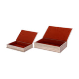 Libra Interiors Canvas Book-Style Storage Boxes in grey, shown open with hinged lids revealing red velvet-lined interiors, set on a plain white background.