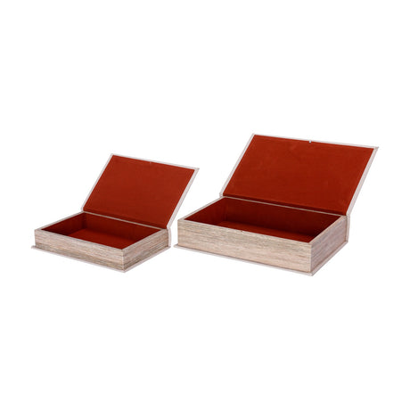 Libra Interiors Canvas Book-Style Storage Boxes in grey, shown open with hinged lids revealing red velvet-lined interiors, set on a plain white background.