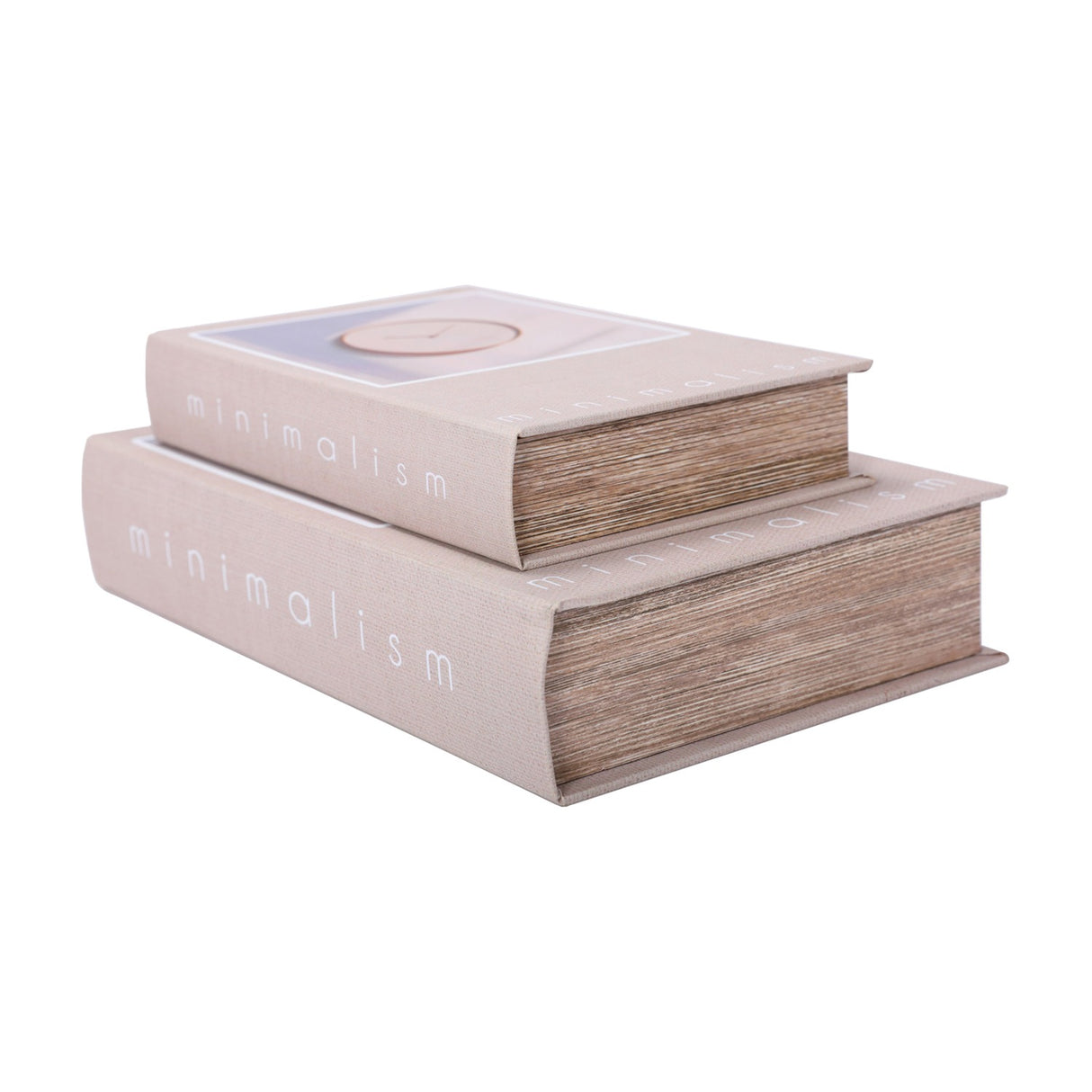 Libra Interiors grey-beige canvas book-style storage boxes stacked with minimalist clock motif and white typography spines on a white background.