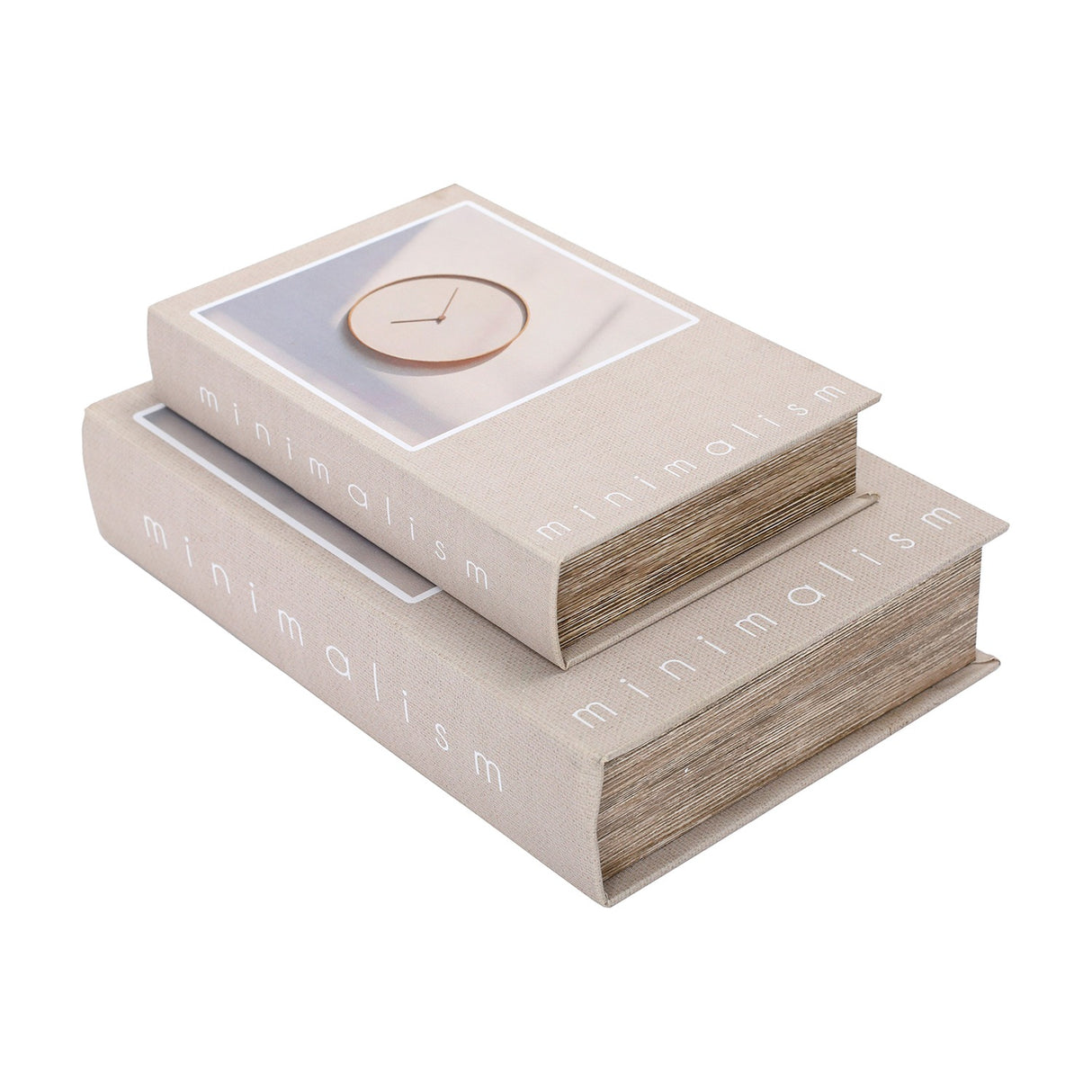 Libra Interiors Canvas Book-Style Storage Boxes in beige with white minimalism typography and clock motif, stacked small on large against a white background.