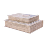 Libra Interiors Canvas Book-Style Storage Boxes in grey, stacked with the smaller box on top of the larger, showing beige canvas covers and clock motif.