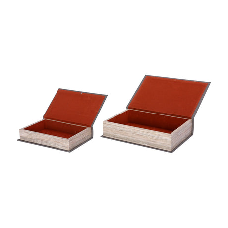 Libra Interiors Linen Book-Style Storage Boxes in grey, shown as an open set of two with hinged lids revealing terracotta velvet-lined interiors.