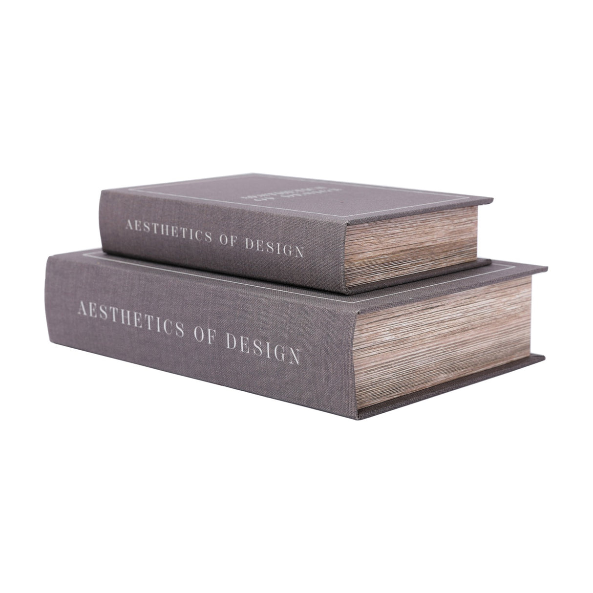 Libra Interiors Linen Book-Style Storage Boxes in grey, stacked as a pair with serif spine lettering and wood-effect page edges on a white background.