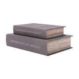 Libra Interiors Linen Book-Style Storage Boxes in grey, stacked as a pair with serif spine lettering and wood-effect page edges on a white background.