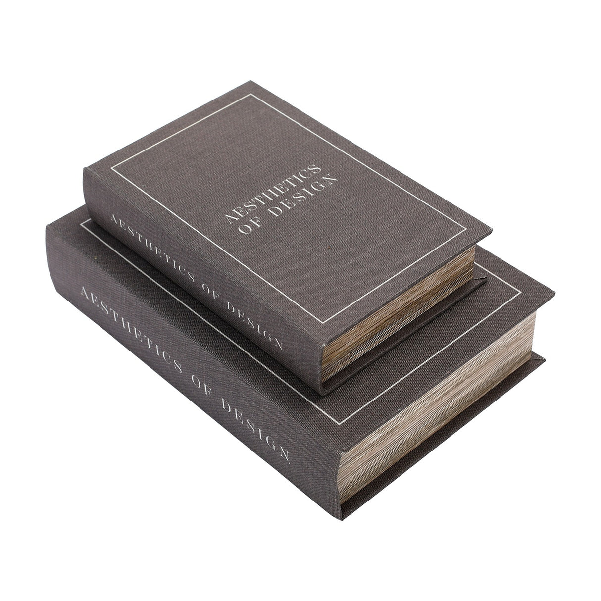 Libra Interiors Linen Book-Style Storage Box set of two in grey with serif spine lettering, stacked large under small on a plain white background.