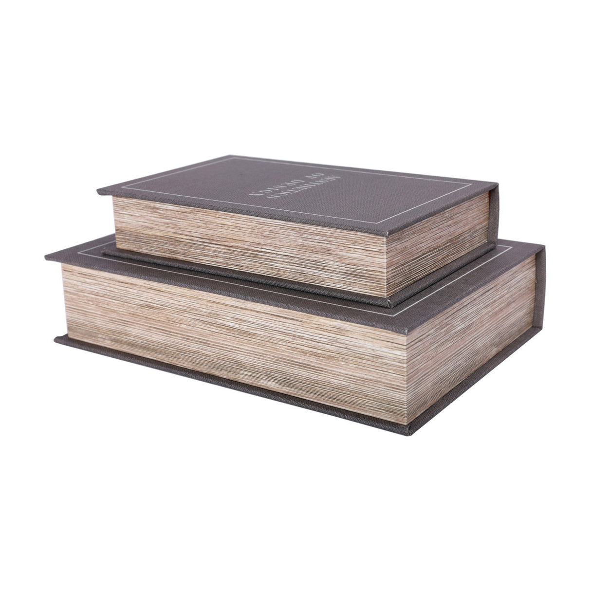 Libra Interiors Linen Book-Style Storage Boxes in grey, stacked as a set of two with linen-effect covers and wood-look page edges on a white background.