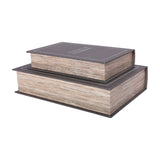 Libra Interiors Linen Book-Style Storage Boxes in grey, stacked as a set of two with linen-effect covers and wood-look page edges on a white background.