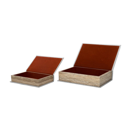 Libra Interiors Linen Book-Style Storage Boxes in white with pale linen covers, open hinged lids, rust velvet interiors and wooden bases, set of two.