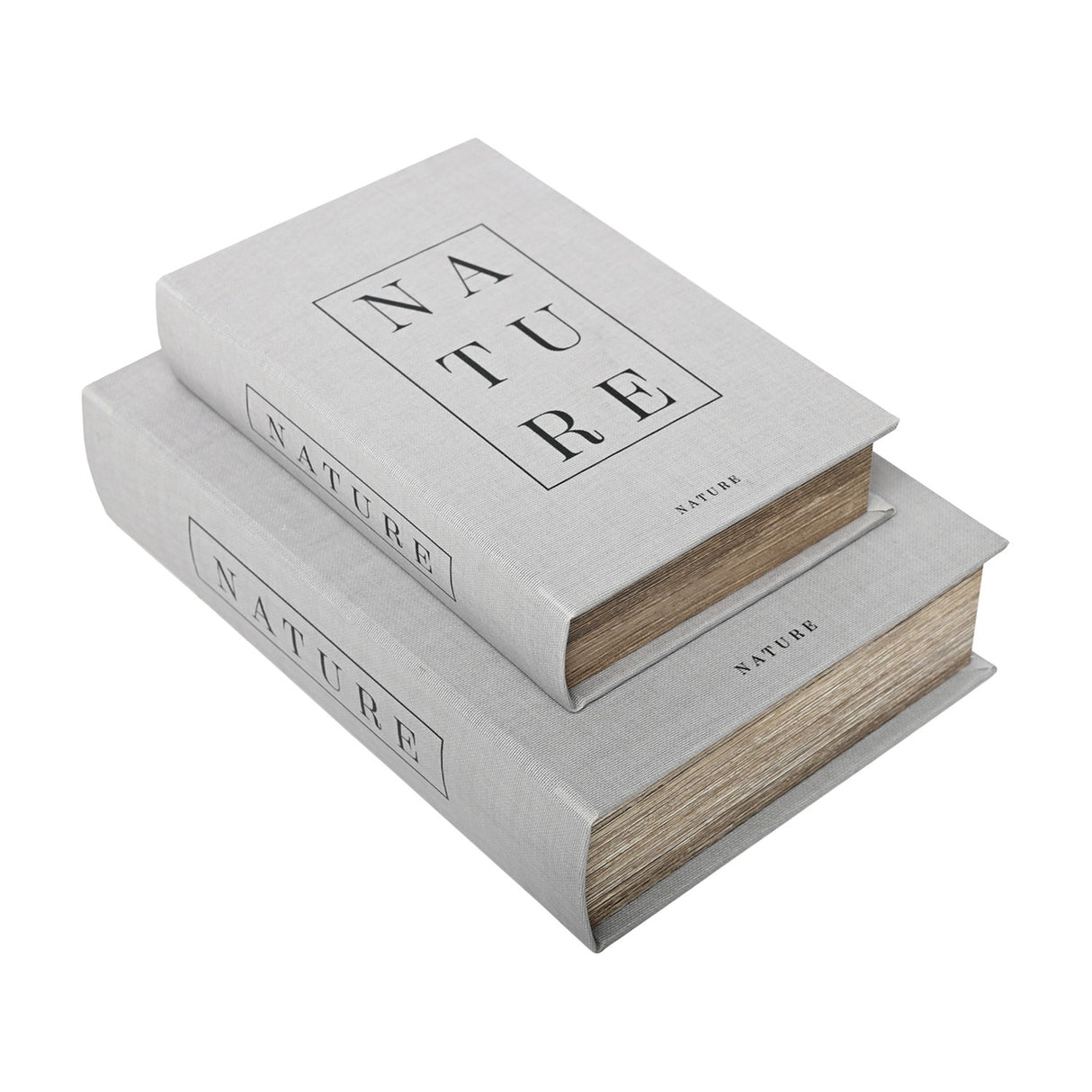 Libra Interiors Linen Book-Style Storage Boxes in white with black "Nature" lettering, stacked as a set of two on a plain white background.