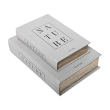 Libra Interiors Linen Book-Style Storage Boxes in white with black "Nature" lettering, stacked as a set of two on a plain white background.