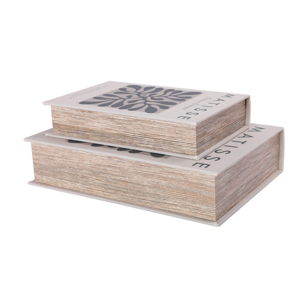 Libra Interiors Linen Book-Style Storage Boxes in white with charcoal typographic Matisse design, stacked large and small on a plain white background.