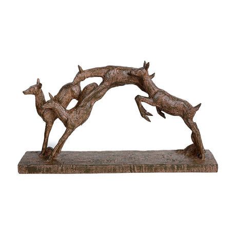 Libra Interiors Rustic Leaping Fawns resin sculpture in weathered brown, showing three deer mid-leap on a rectangular base against a white background.