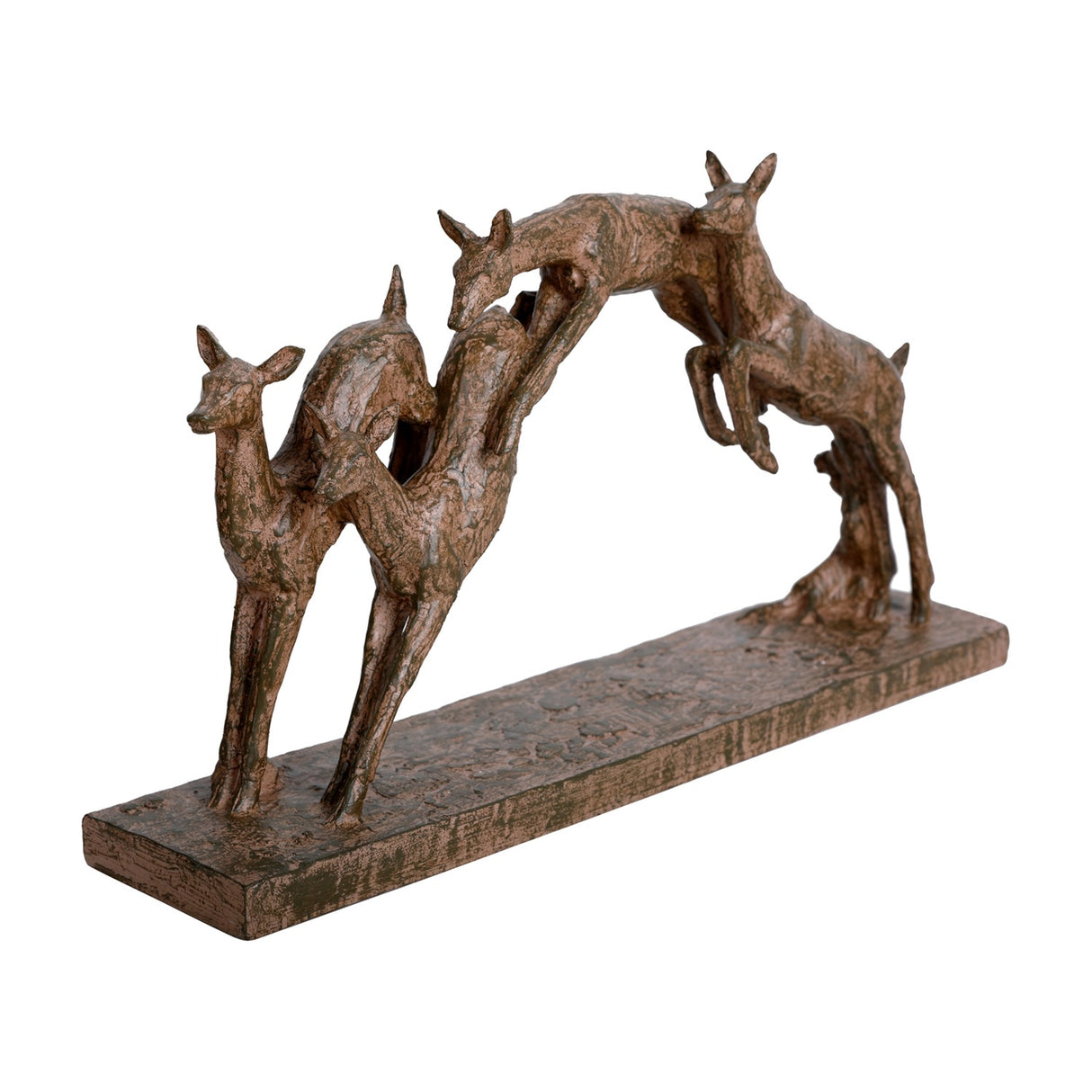 Libra Interiors Rustic Leaping Fawns resin sculpture in weathered brown, showing a trio of stylised deer mid-leap on a long rectangular base.
