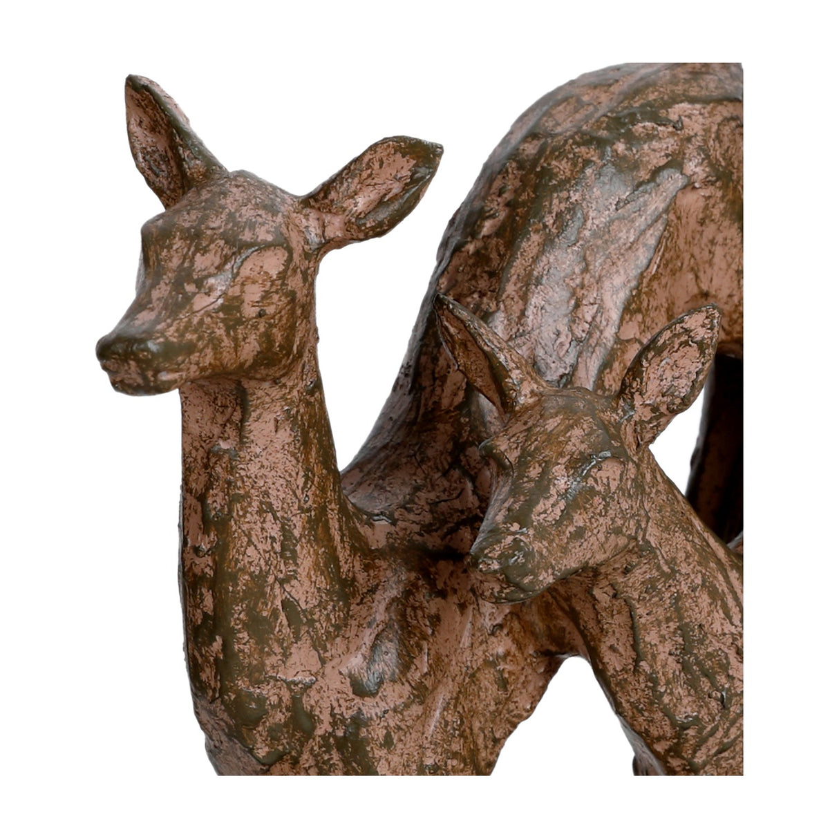 Close-up of Libra Interiors Rustic Leaping Fawns resin sculpture in weathered brown, showing two fawn heads with textured, bark-like patina detail.