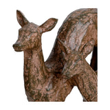 Close-up of Libra Interiors Rustic Leaping Fawns resin sculpture in weathered brown, showing two fawn heads with textured, bark-like patina detail.