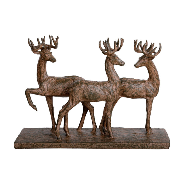 Libra Interiors Textured Trio of Stags Sculpture in brown, three antlered deer on a rectangular plinth with a weathered rustic finish, on a white background.