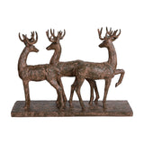 Libra Interiors Textured Trio of Stags sculpture in brown resin, three antlered deer on a rectangular plinth with a weathered rustic finish.