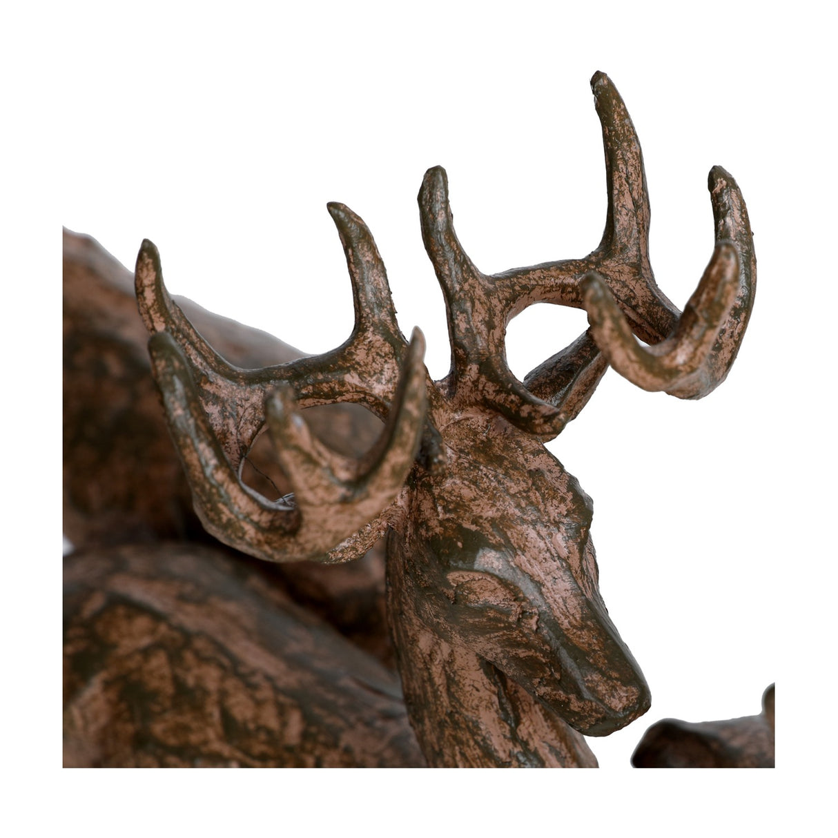 Close-up of Libra Interiors Textured Trio of Stags Sculpture in brown, showing two antlered stag heads with a weathered, rust-toned resin finish.