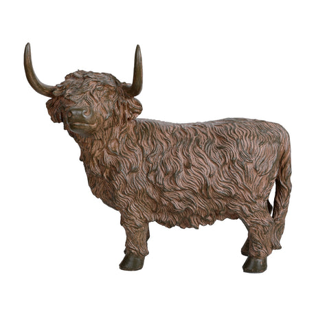 Libra Interiors Rustic Textured Highland Cow Sculpture in brown resin, with sweeping horns and grooved shaggy coat, shown on a plain white background.