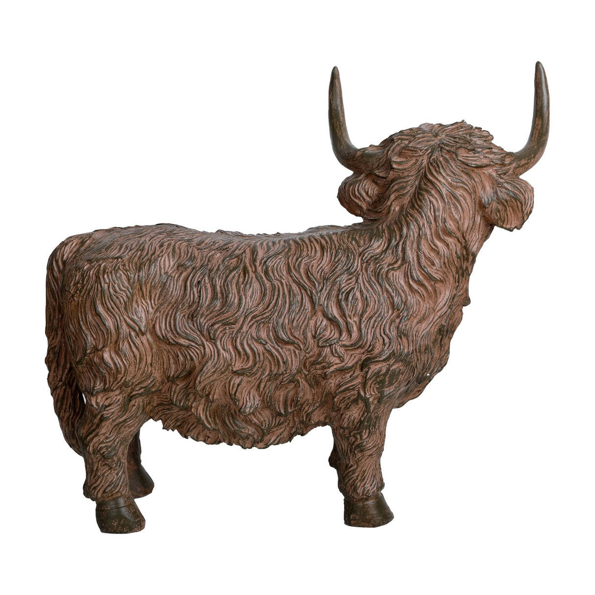 Libra Interiors Rustic Textured Highland Cow Sculpture in brown resin with shaggy grooved coat and sweeping horns, shown from the side on a white background.