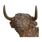 Libra Interiors Rustic Textured Highland Cow Sculpture in brown resin, close-up of the horned head with shaggy carved coat on a white background.