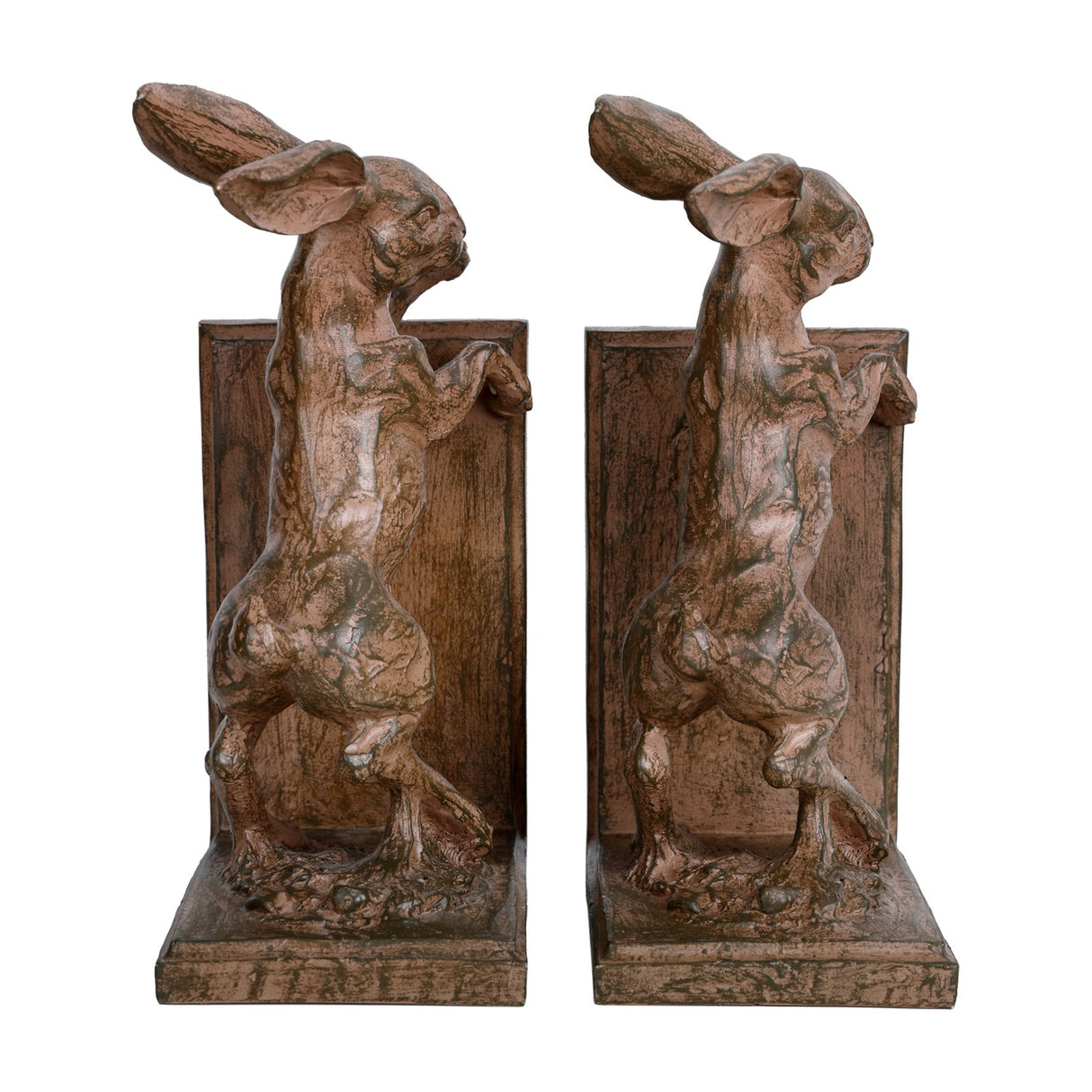 Libra Interiors Rustic Weathered Standing Hare Bookends in brown resin, shown as a facing pair of reared hares with backing plates on a white background.