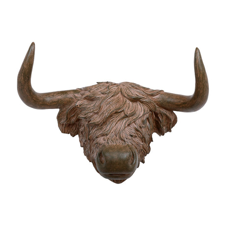 Libra Interiors Rustic Highland Cow resin wall art in brown, shown head-on with sweeping horns and shaggy textured coat on a white background.