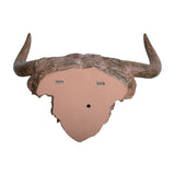 Reverse of Libra Interiors Rustic Highland Cow resin wall art in brown, showing two keyhole fixings on a pink backing with sculpted horns visible.