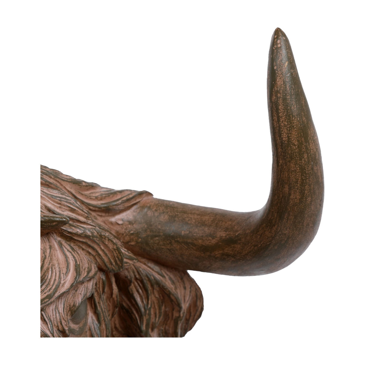 Close-up of the curved horn and textured brow on the Libra Interiors Rustic Highland Cow resin wall art in weathered brown.