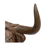 Close-up of the curved horn and textured brow on the Libra Interiors Rustic Highland Cow resin wall art in weathered brown.