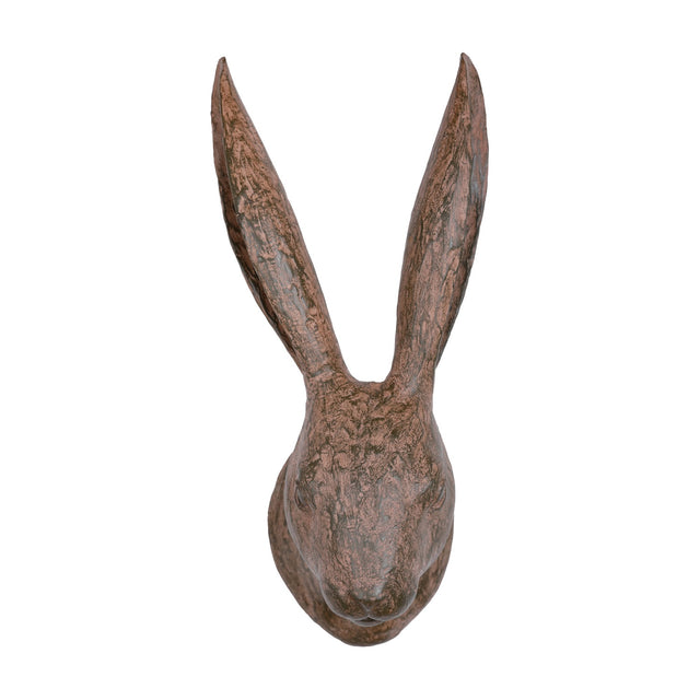 Libra Interiors Rustic Weathered Hare Head wall art in textured brown resin, with tall upright ears and detailed face, shown against a white background.