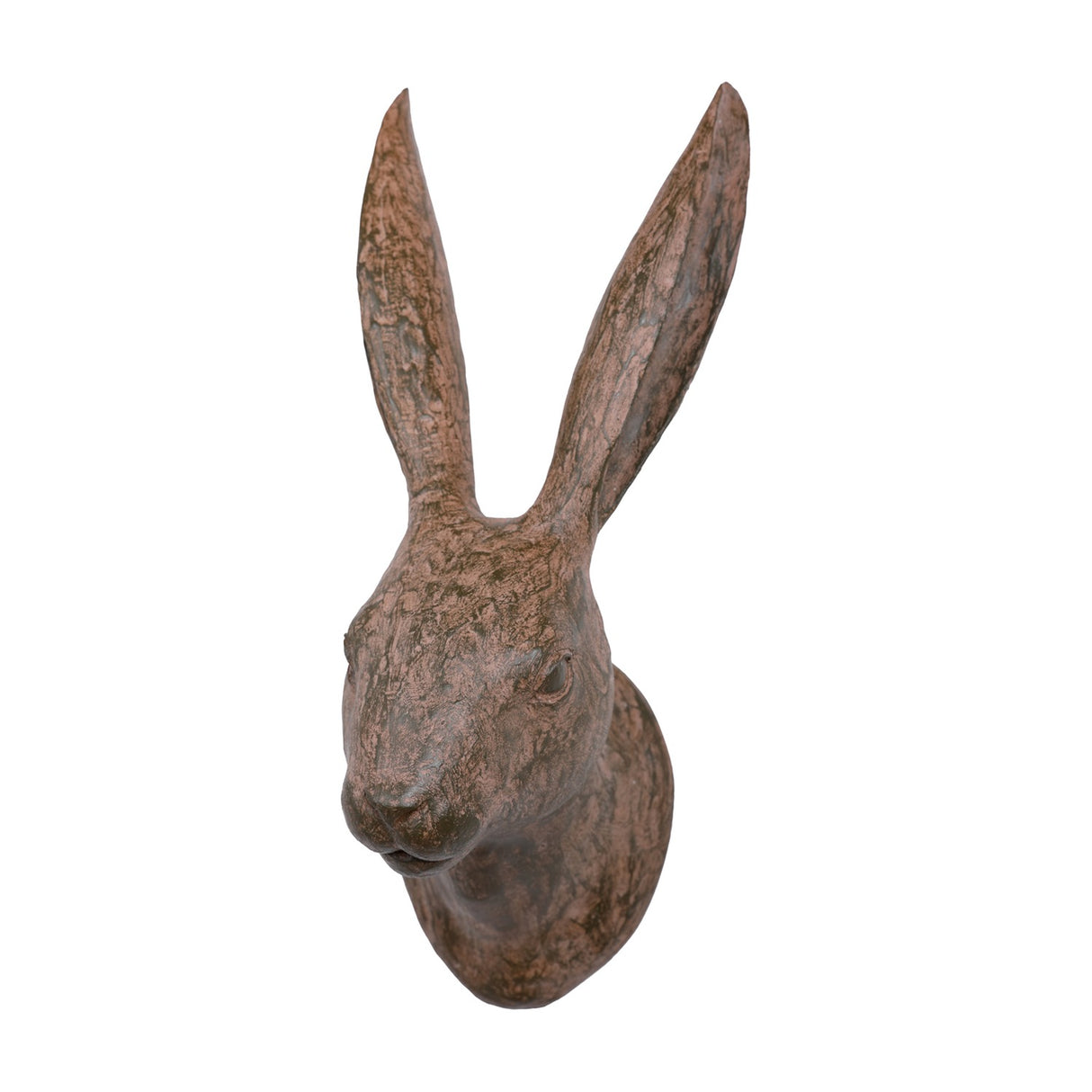 Libra Interiors Rustic Weathered Hare Head wall art in brown resin, shown from the side with tall upright ears and textured aged-stone finish.