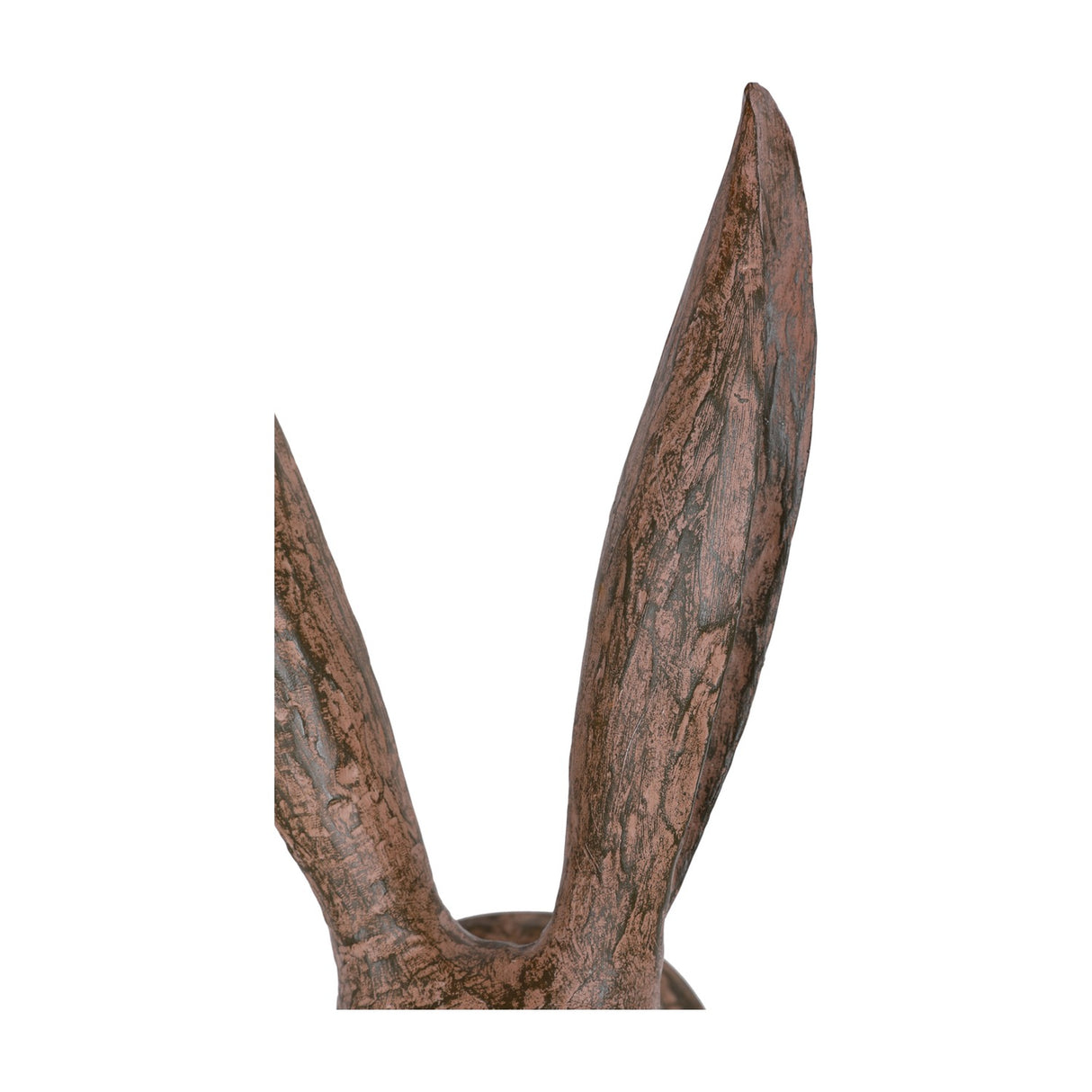 Libra Interiors Rustic Weathered Hare Head wall art in brown resin, close-up of the tall upright ears with textured, aged-stone finish on a white background.