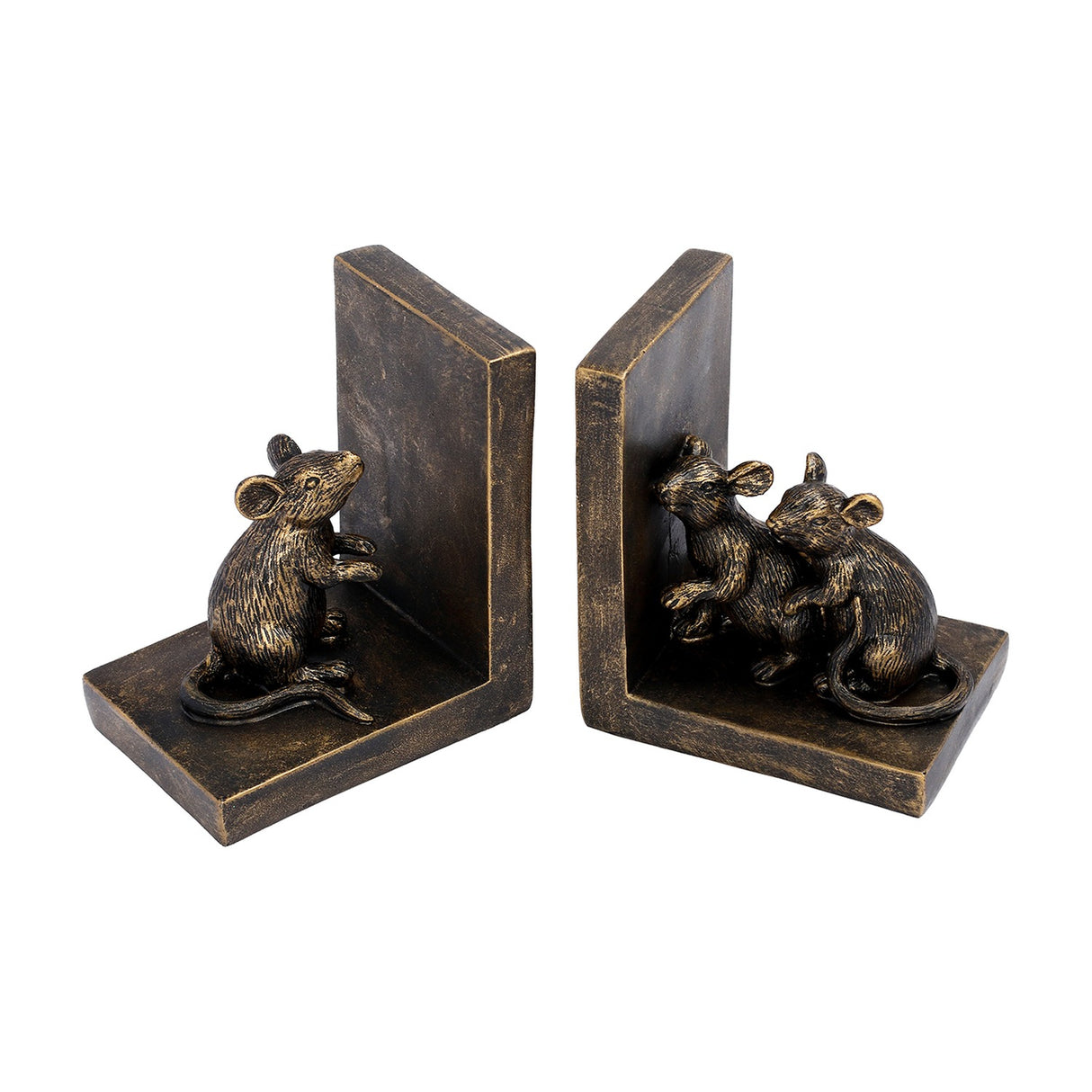 Libra Interiors Rough Cast Mouse Bookends in antique gold resin, one with a single standing mouse and one with a pair, on a white background.