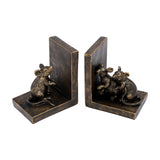 Libra Interiors Rough Cast Mouse Bookends in antique gold resin, one with a single standing mouse and one with a pair, on a white background.
