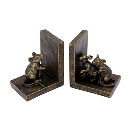 Libra Interiors Rough Cast Mouse Bookends in antique gold resin, one with a single standing mouse and one with a pair, on a white background.