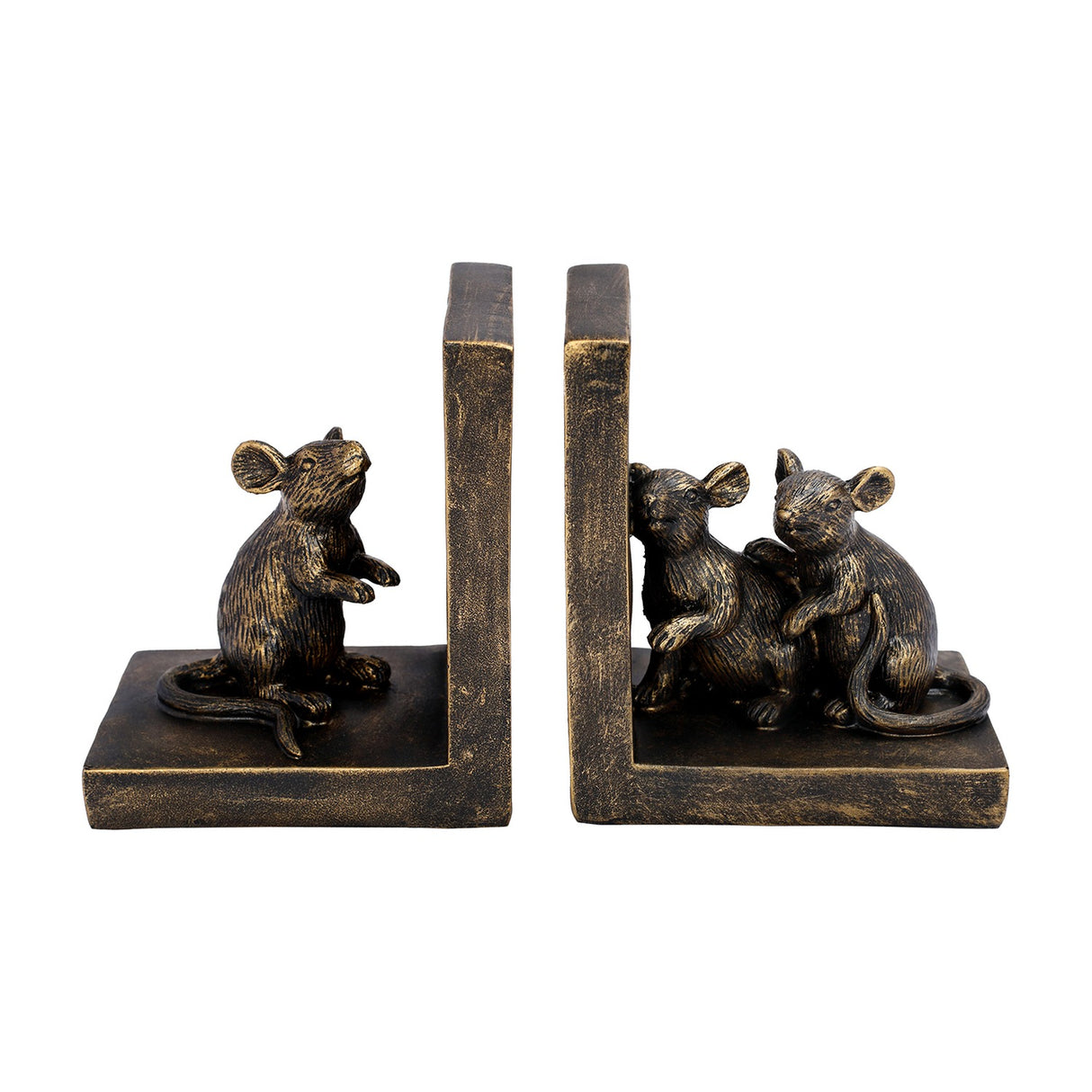Libra Interiors Rough Cast Mouse Bookends in antique gold resin, one with a single standing mouse and the other with two leaning mice on L-shaped bases.