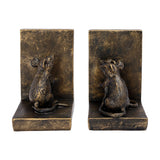 Libra Interiors Rough Cast Mouse Bookends in antique gold, a pair of resin L-shaped supports with sculpted standing mice and bronze-effect finish.