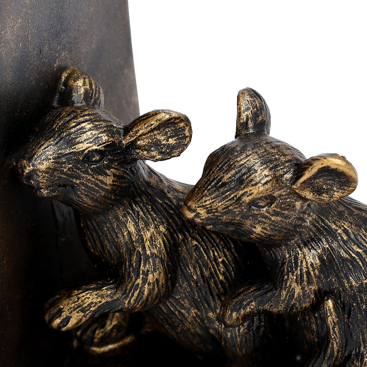 Close-up of Libra Interiors Rough Cast Mouse Bookends in antique gold, showing two sculpted resin mice leaning together with detailed fur and ears.